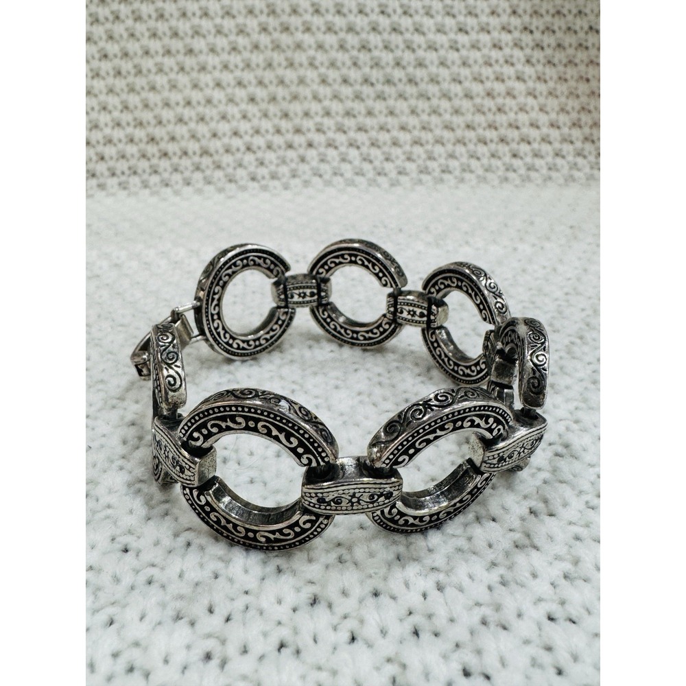 Brighton Silver Tone Chunky Open Circle Scroll Link Bracelet Size 6.75